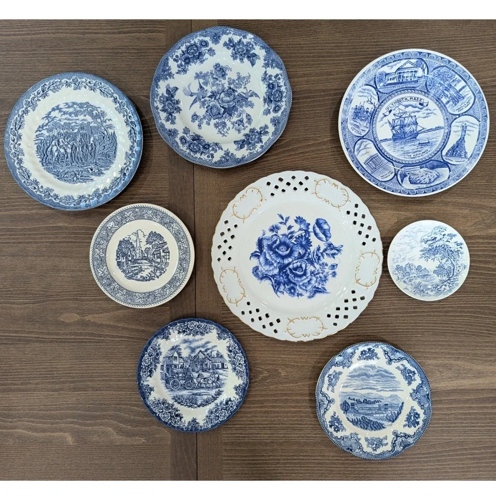 Vintage Blue White Transferware Plate Wall Gallery Set 8pc Mixed Sizes Cobalt